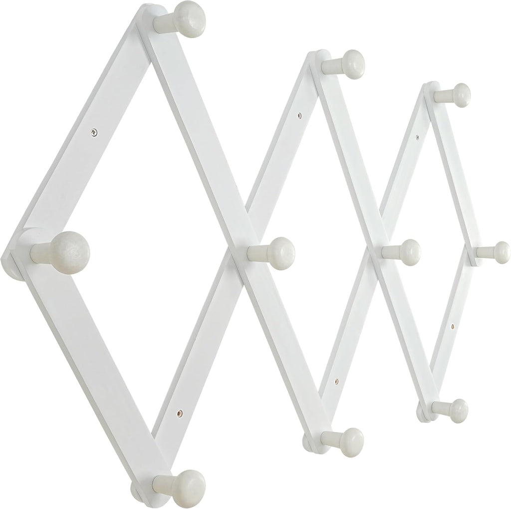 Dseap Expandable Coat Rack (Larger Version) - 24” High, Anti-Slip, Ultra Heavy Duty Wooden Accordian Wall Hanger with 10 Study Peg Hooks for Clothing Hats Jackets Bags, White