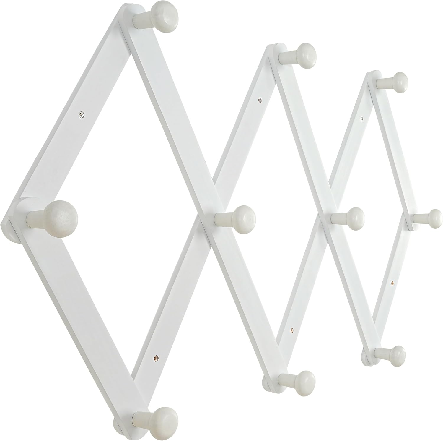 Dseap Expandable Coat Rack (Larger Version) - 24” High, Anti-Slip, Ultra Heavy Duty Wooden Accordian Wall Hanger with 10 Study Peg Hooks for Clothing Hats Jackets Bags, White