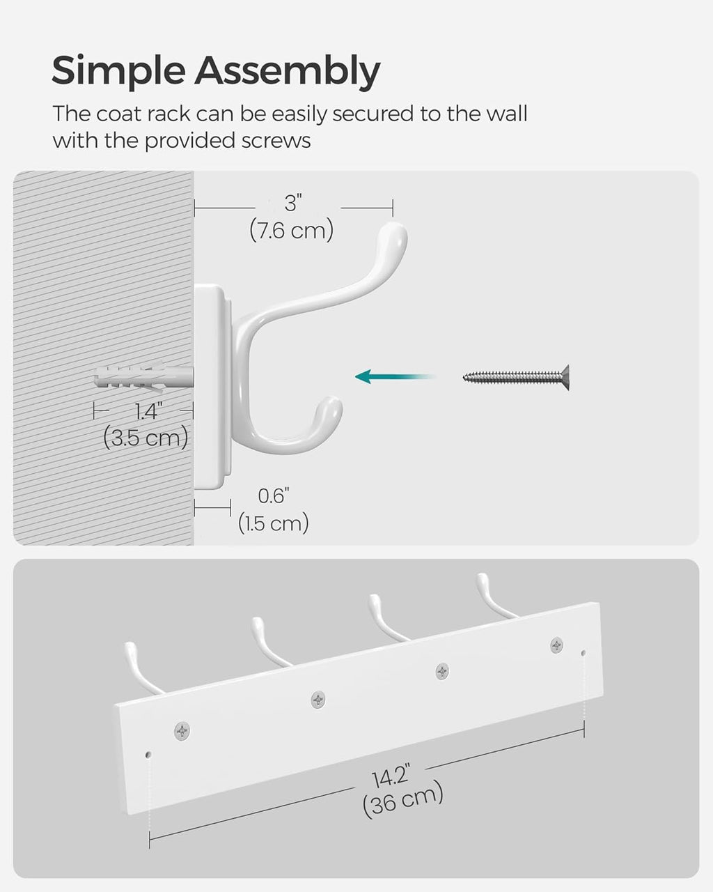 SONGMICS Wall-Mounted Coat Rack, Hook Rack, 4 Dual Metal Hooks, for Coats, Bags, Keys, in the Entryway, Bedroom, Living Room, White ULHR23WT