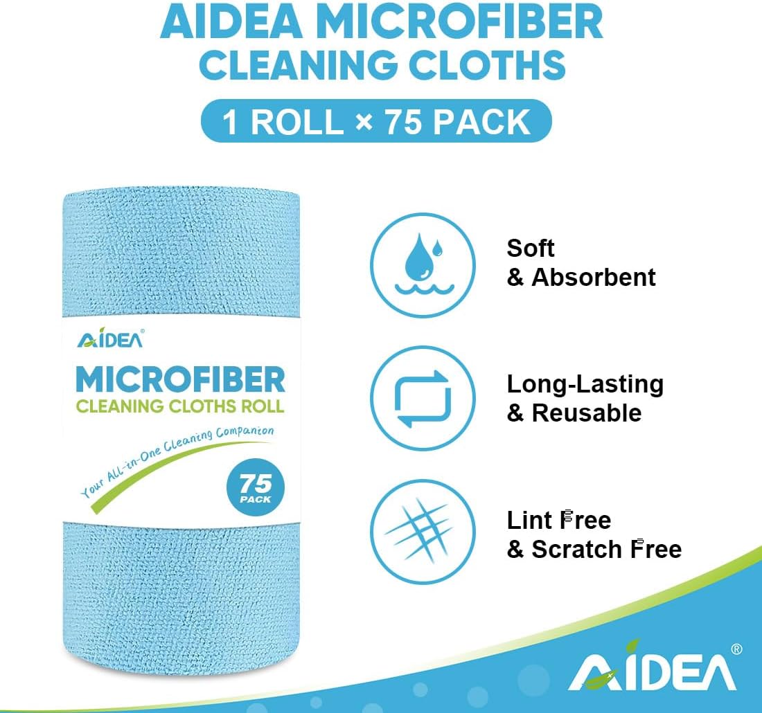 AIDEA Microfiber Cleaning Cloth Roll, 75PK, Reusable Tear Away Paper Towels, Microfiber Towels for Cars, Washable Shop Rags Blue, Lint Free Rags for House, Mechanic, Workshops, 11.5"×11.5"