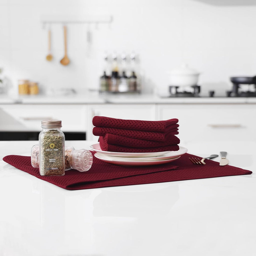Kitinjoy 100% Cotton Waffle Weave Kitchen Towels, 4-Pack Super Soft and Absorbent Dish Towels for Drying Dishes, Kitchen Hand Towels, 13 in x 28 in, Burgundy