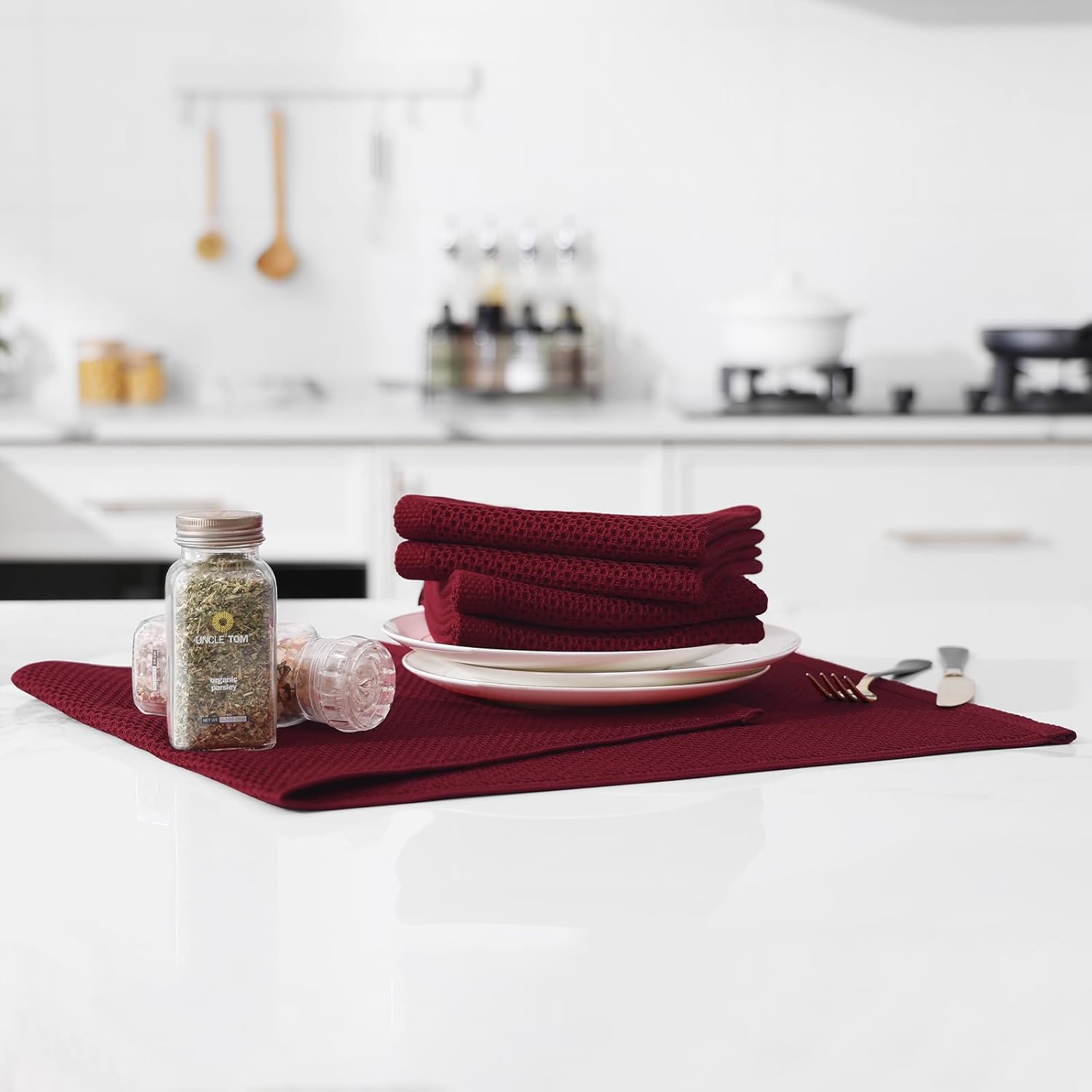 Kitinjoy 100% Cotton Waffle Weave Kitchen Towels, 4-Pack Super Soft and Absorbent Dish Towels for Drying Dishes, Kitchen Hand Towels, 13 in x 28 in, Burgundy
