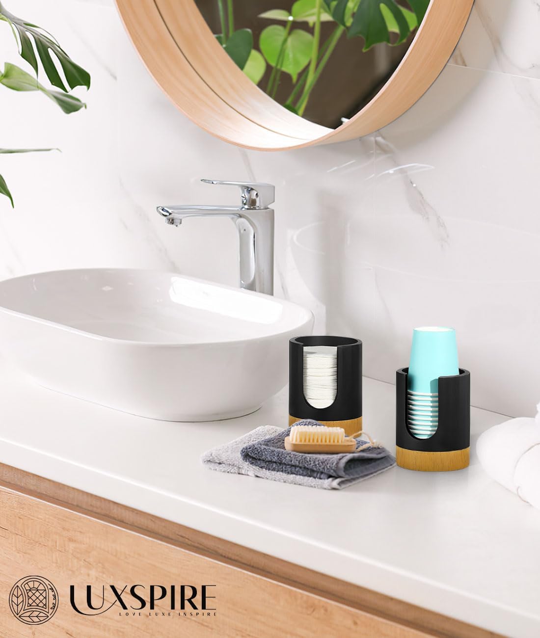 Luxspire Bathroom Cup Dispenser, 3oz Dixie Cup Dispenser, Guest Bathroom Essentials, Resin Cup Dispenser, Disposable Paper Cup Holder, Cotton Pad Holder, Bathroom Accessories - Matte Black
