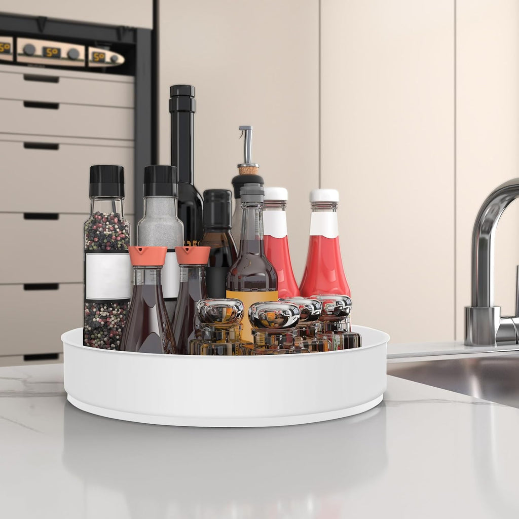 VAEHOLD Lazy Susan Turntable Spice Rack Organizer for Kitchen Cabinet, Storage Tray for Fruit, Snacks, Salad - Organizer for Cupboard, Pantry, Bathroom, Table, Cosmetic (White, 9 4/5'')