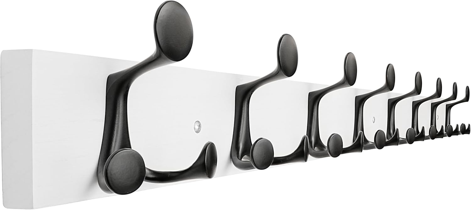 SKOLOO 43-Inch White Wood Coat Rack Wall Mount with 8 Triple Hooks - Ideal for Family Entrances, Classrooms, and Pet Supplies Storage - Perfect Coat Hooks for Wall