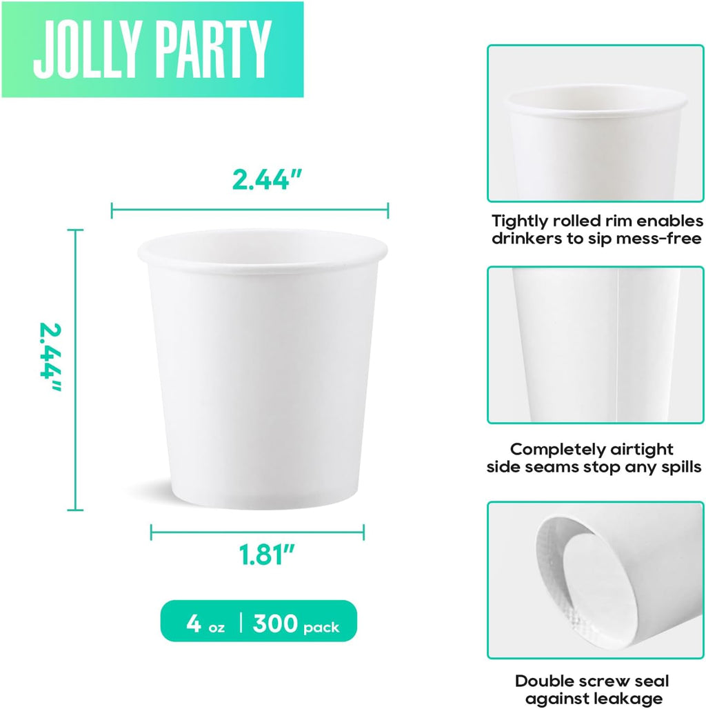 JOLLY PARTY 300 Pack 4 oz Disposable Paper Coffee Cup, Hot/Cold Beverage Drinking Cups for Water, White Hot Paper Coffee Cups