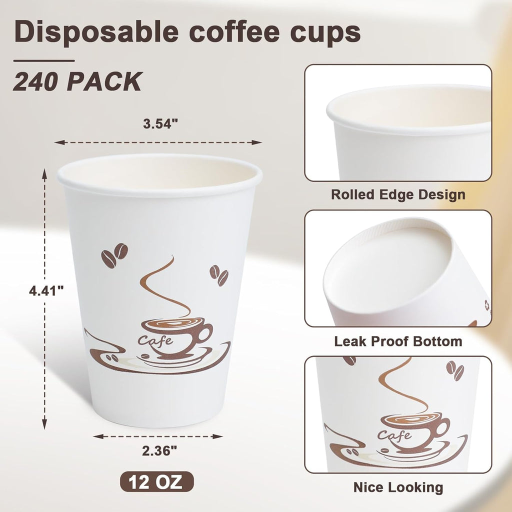 Lamosi 240 Pack 12 OZ Coffee Cups, Disposable Paper Cups for Hot/Cold Beverage, Disposable Cups 12 oz, Leak-Free Paper Coffee Cups for Cafe, Restaurant, Office and Home
