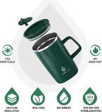 Ideus Vacuum Insulated Coffee Mug, 16oz Reusable Stainless Steel Thermal Double Walled cup with Handle and Slider Lid for Hot & Cold Beverages, BPA Free (Leapord Dark Green)