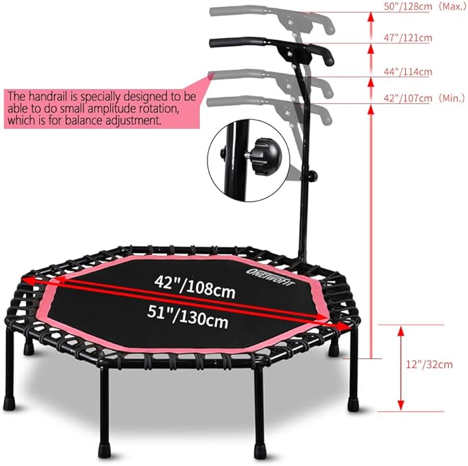 ONETWOFIT 51" Silent Trampoline with Adjustable Handle Bar, Fitness Trampoline Bungee Rebounder Jumping Cardio Trainer Workout for Adults…
