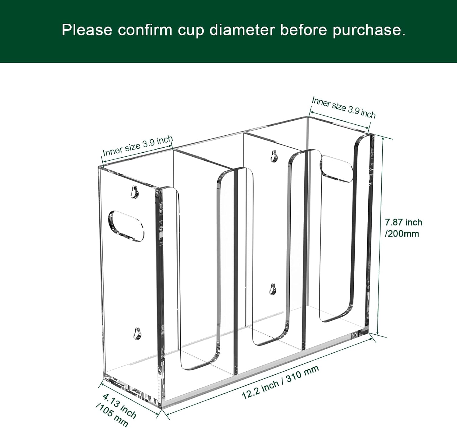 Disposable Coffee Cup Dispenser with Handles, Countertop or Wall Mount Hot/Cold Drink Cup and Lid Holder - Bathroom/Kitchen/Office Acrylic Cup Lid Storage Organizer (3 Compartments, Clear)