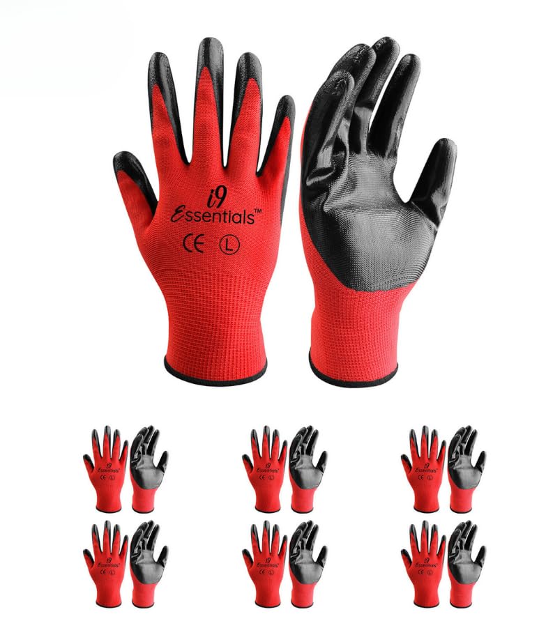 I9 Essentials Nitrile Coated Work Gloves Large 6 Pack – Grip Safety Gloves for Construction, Gardening, Mechanics