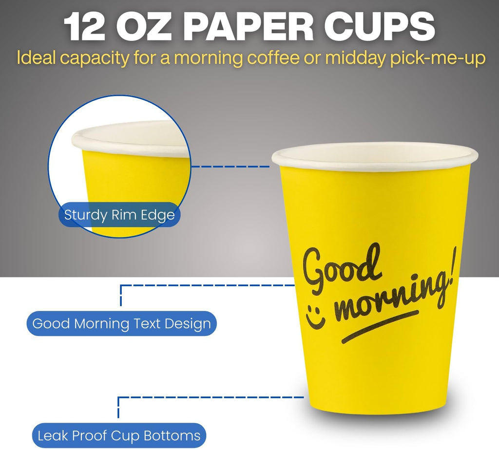 Smygoods Disposable Coffee Cups, To Go Paper Hot Cups, Good Morning Design (12 OZ, 100 Count) For Hot Beverages, Coffee, Tea, Espresso, Cocoa - Vasos Para Cafe