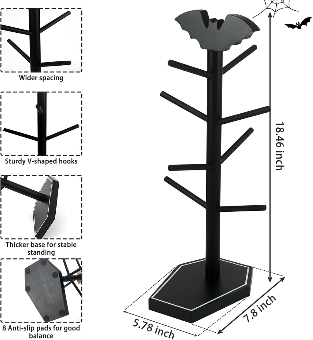 Bat Mug Holder Tree - 8 Hooks Coffee Mug Rack - Gothic Home Decor Wood Coffee Mug Tree for Countertop - Coffee Cup Holder for Halloween Kitchen Organizer & Coffee Bar Accessories (Coffin)