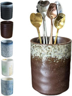Stoneware Coffee Bar Utensil Holder Tea & Coffee Spoon & Stirrer Holder for Stir Stick Straw Teaspoon Holder Spoon Cup Small Utensil Jar (Retro Rustic Brown)