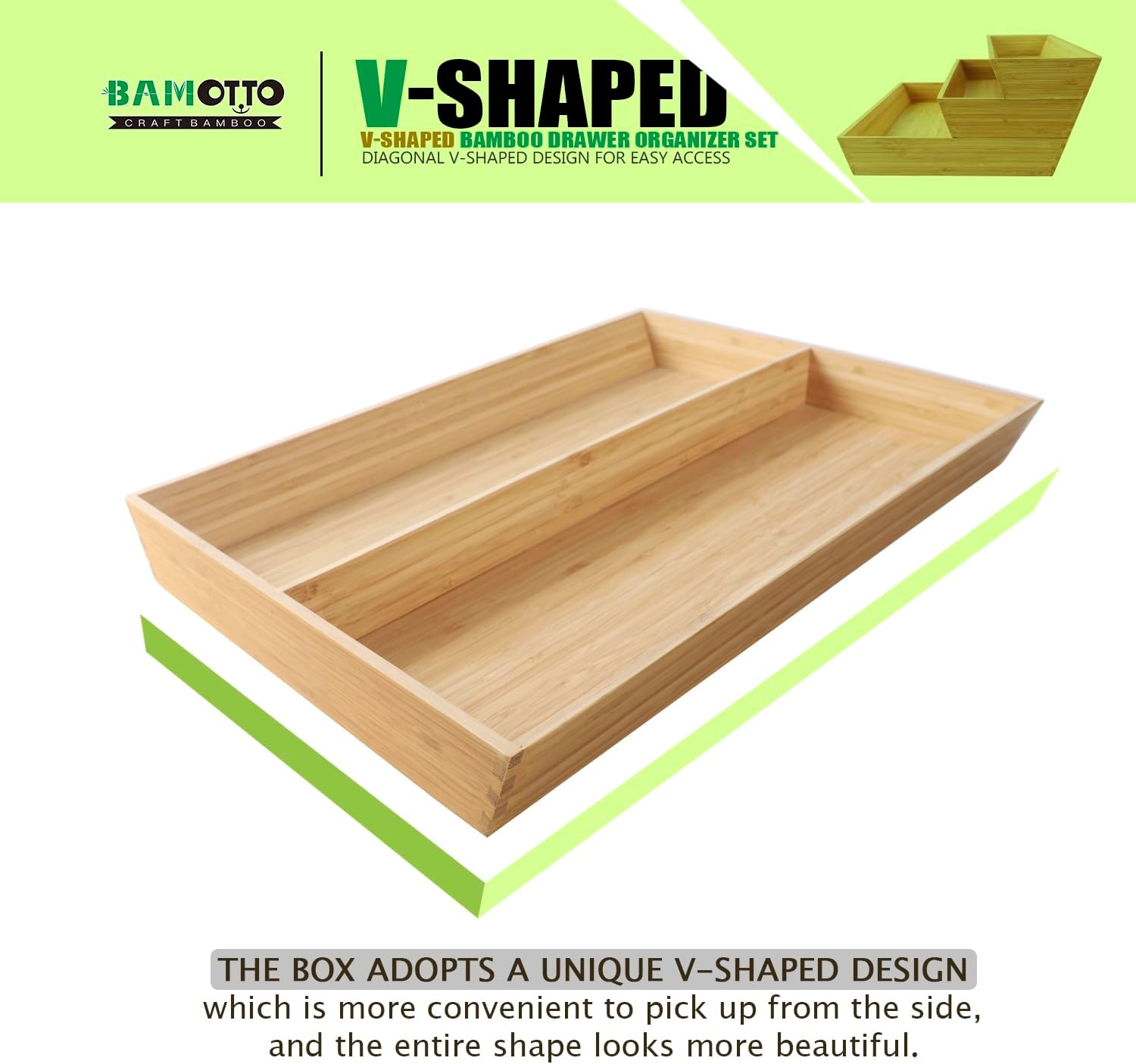 V-Shaped Bamboo Drawer Organizer Set of 3, Kitchen Large and Long Utensil Plate, Flatware & Silverware Storage Box, Wood Drawer Organizer for Bedroom, Living Room (19.6"x5.7" & 7.8" & 12.4")