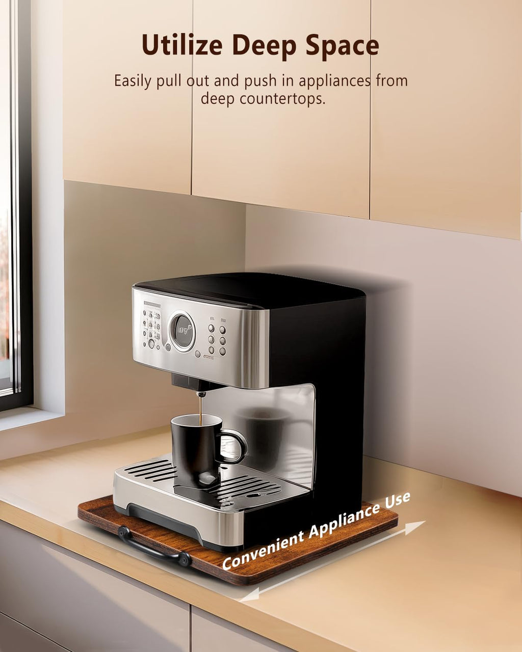 Appliance Slider, Sliding Tray for Coffee Maker, Coffee Pot Slider for Countertop, Kitchen Appliance Rolling Tray with Rubber Wheels (Rustic Brown, Large - Long (12.5” x 16”))