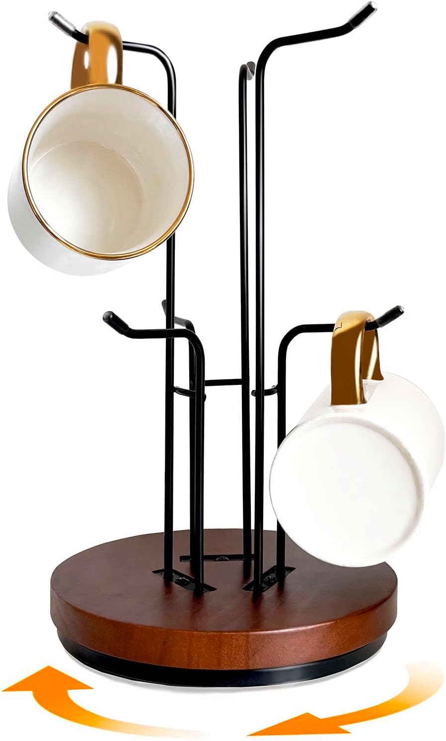 Mug Holder Tree,360° Rotated 6 Hooks Coffee Cup Holder for Large Cups,Metal Coffee Cup Rack Stand for Countertop with Stable Wooden Base, Kitchen Counter Decor