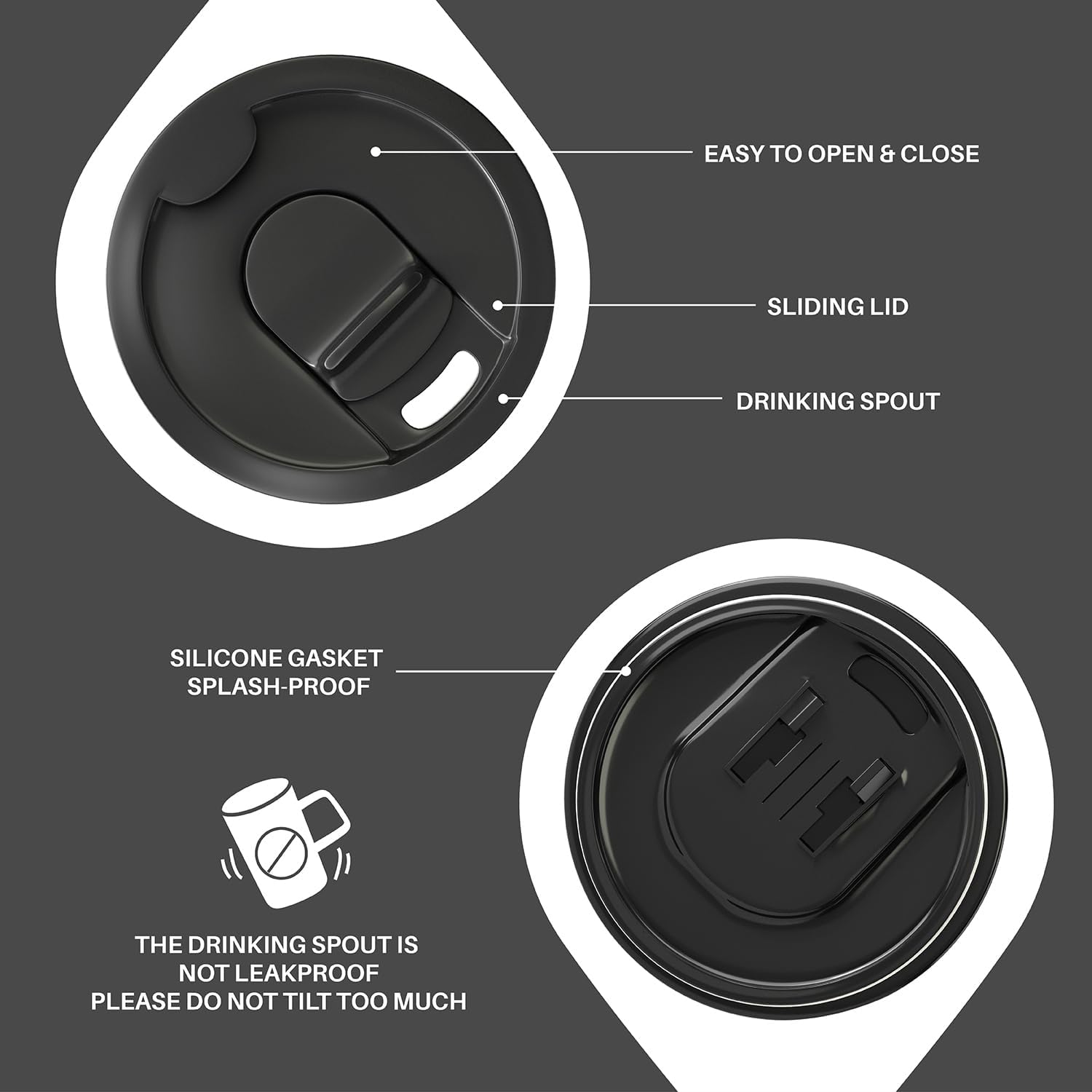 Ideus Vacuum Insulated Coffee Mug, 16oz Reusable Stainless Steel Thermal Double Walled cup with Handle and Slider Lid for Hot & Cold Beverages, BPA Free (Leapord Black)