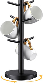 Coffee Mug Holder Tree, Upgraded 360° Rotated Cup Holder for Counter, Wood Mug Rack with 6 Hooks, Coffee Mug Organizer Station, Mug Stand Bar Accessories, Black
