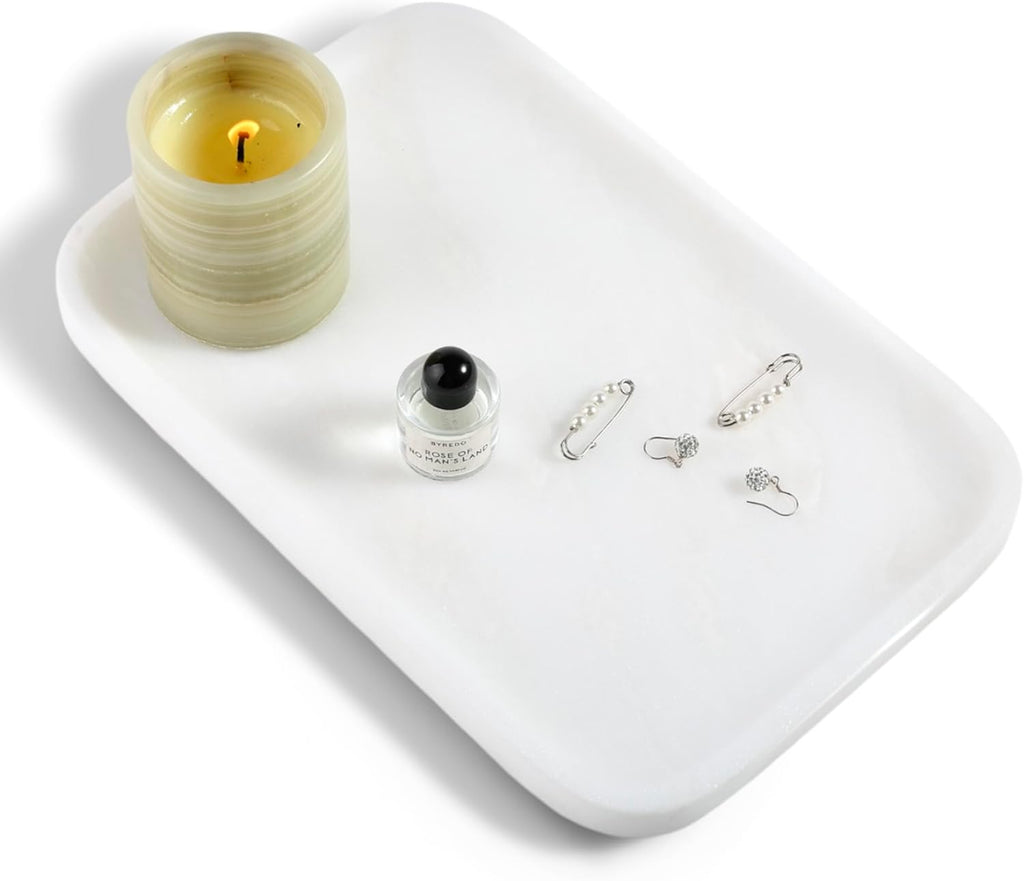 Vanity Tray, 11.8inch Marble Bathroom Tray for Countertop, White Marble Bathroom Dresser, Stone Serving Tray for Kitchen Counter, Storage Organizer for Decor, Perfume, Jewelry