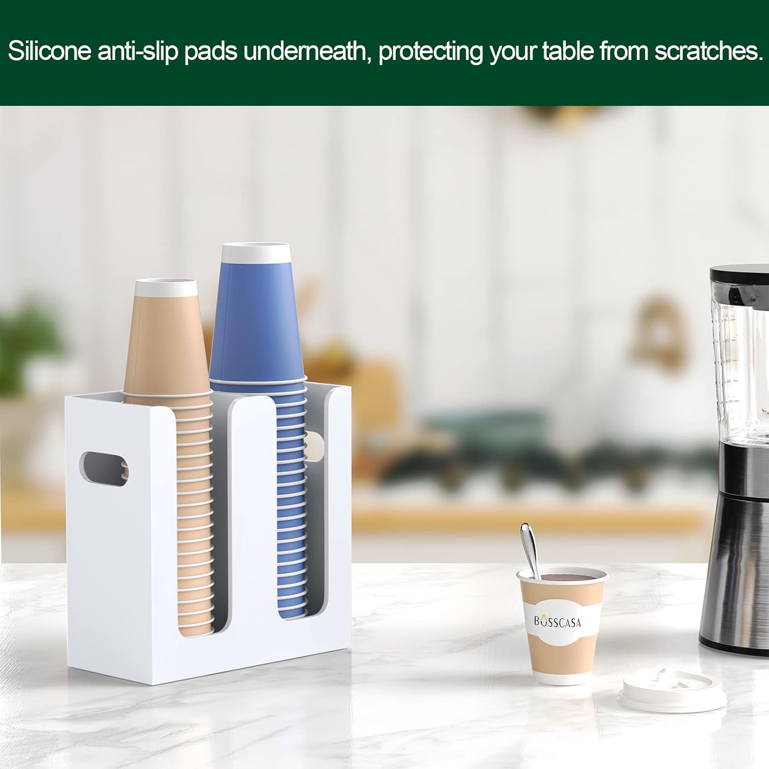 Disposable Coffee Cup Dispenser with Handles, Countertop or Wall Mount Hot/Cold Drink Cup and Lid Holder - Bathroom/Kitchen/Office Acrylic Cup Lid Storage Organizer (2 Compartments, White)