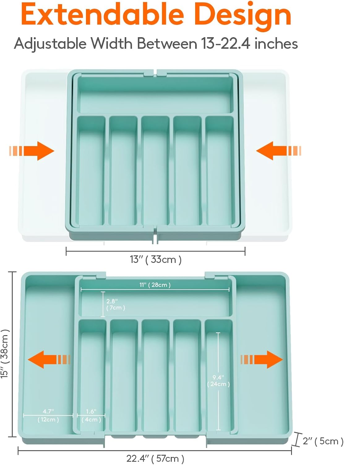 Lifewit Silverware Drawer Organizer, Expandable Utensil Tray for Kitchen, BPA Free Flatware and Cutlery Holder, Adjustable Plastic Storage for Spoons Forks Knives, Large, Turquoise
