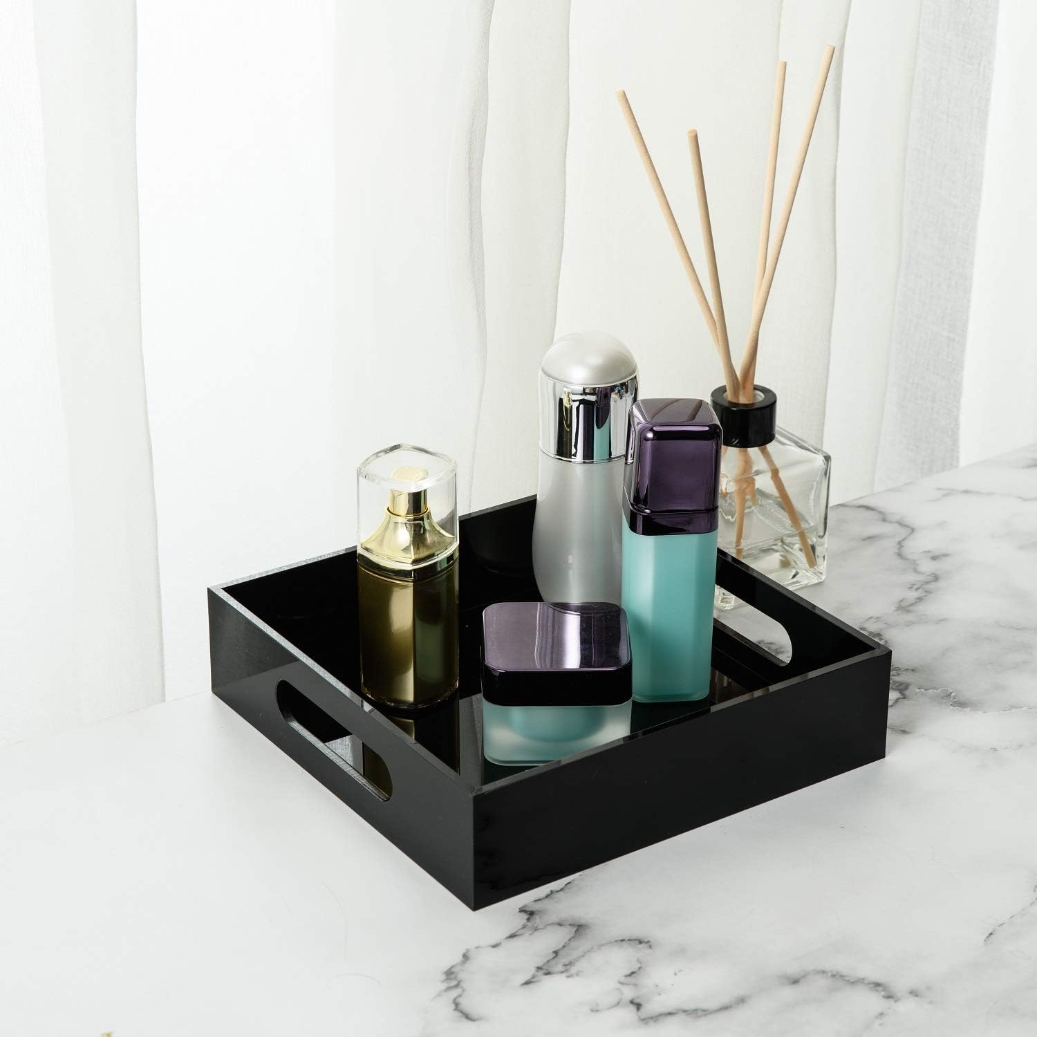 Black Sturdy Acrylic Tray with Handles-8x8 Inch- Countertop Organizer Tray for Kitchen,Bathroom,Office- Storage Box for Cosmetics, Jewelry,Toiletries,Toy,Gadgets