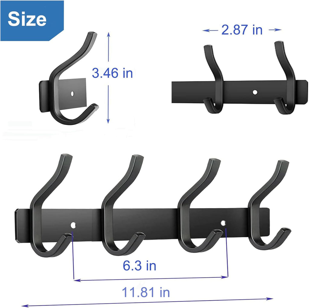 Wall Hooks Heavy Duty, 12 Inch Coat Rack Wall Mount with 4 Hooks, Black Wall Hooks for Entryway, Bathroom - for Hanging Backpack, Bag, Coat, Purse, Hat, Towel, Clothes,2 Packs