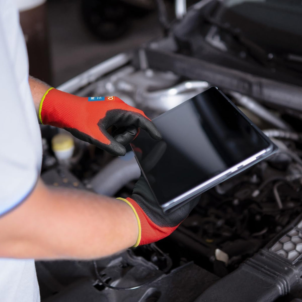 KAYGO Safety Work Gloves PU Coated for Men and Women- KG11P,12 Pairs,Seamless Knit Glove with Two Fingers Touchscreen,Ideal for General Duty Work (Red,M)