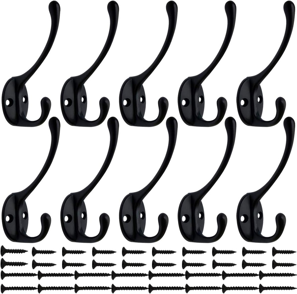 IBosins 10 Pack Heavy Duty Dual Coat Hooks Wall Mounted with 40 Screws Retro Double Hooks Utility Black No Rust Hooks for Coat, Scarf, Bag, Towel, Key, Cap, Cup, Hat (Black)