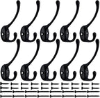 IBosins 10 Pack Heavy Duty Dual Coat Hooks Wall Mounted with 40 Screws Retro Double Hooks Utility Black No Rust Hooks for Coat, Scarf, Bag, Towel, Key, Cap, Cup, Hat (Black)