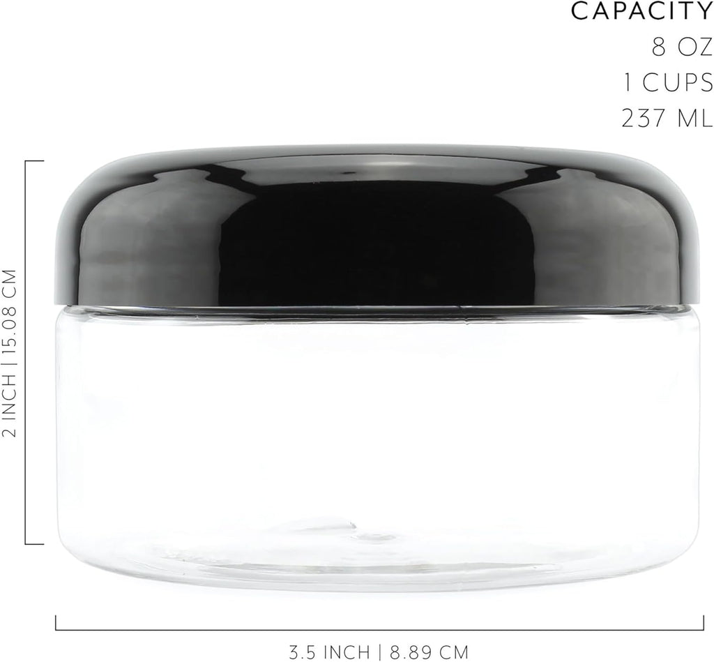 Cornucopia Brands 8oz Clear Plastic Jars w/Black Plastic Lids (6-Pack); BPA Free PET Stackable Containers for Bathroom & Kitchen Storage & Cosmetics