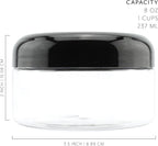 Cornucopia Brands 8oz Clear Plastic Jars w/Black Plastic Lids (6-Pack); BPA Free PET Stackable Containers for Bathroom & Kitchen Storage & Cosmetics