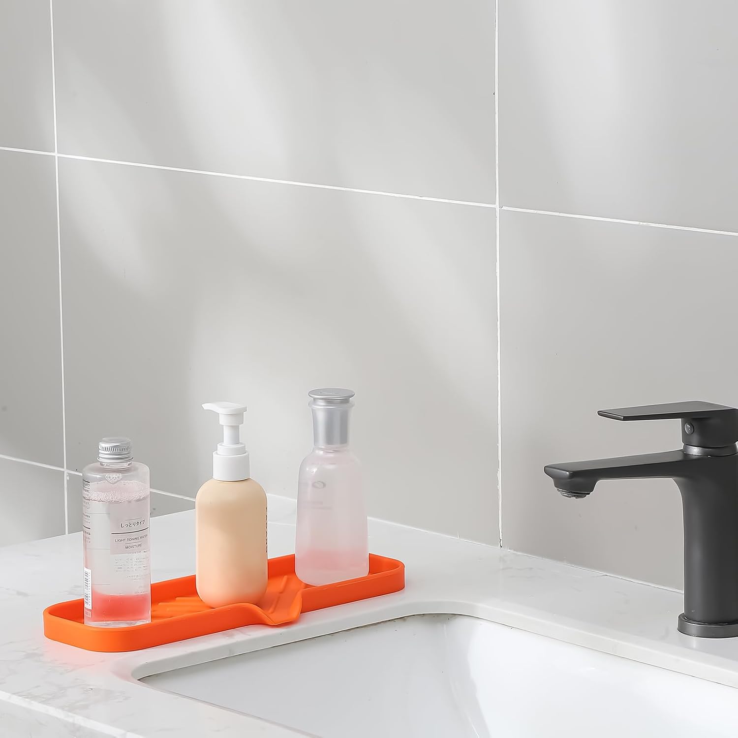 Silicone Bathroom Soap Dishes with Drain Spout-Bathroom and Kitchen Sink Organizer,Sponge Holder,Dish Soap Tray,Perfect for Dispenser,Scrubber,Bottle,Cup on Sink or Counter-Orange 12"×4"