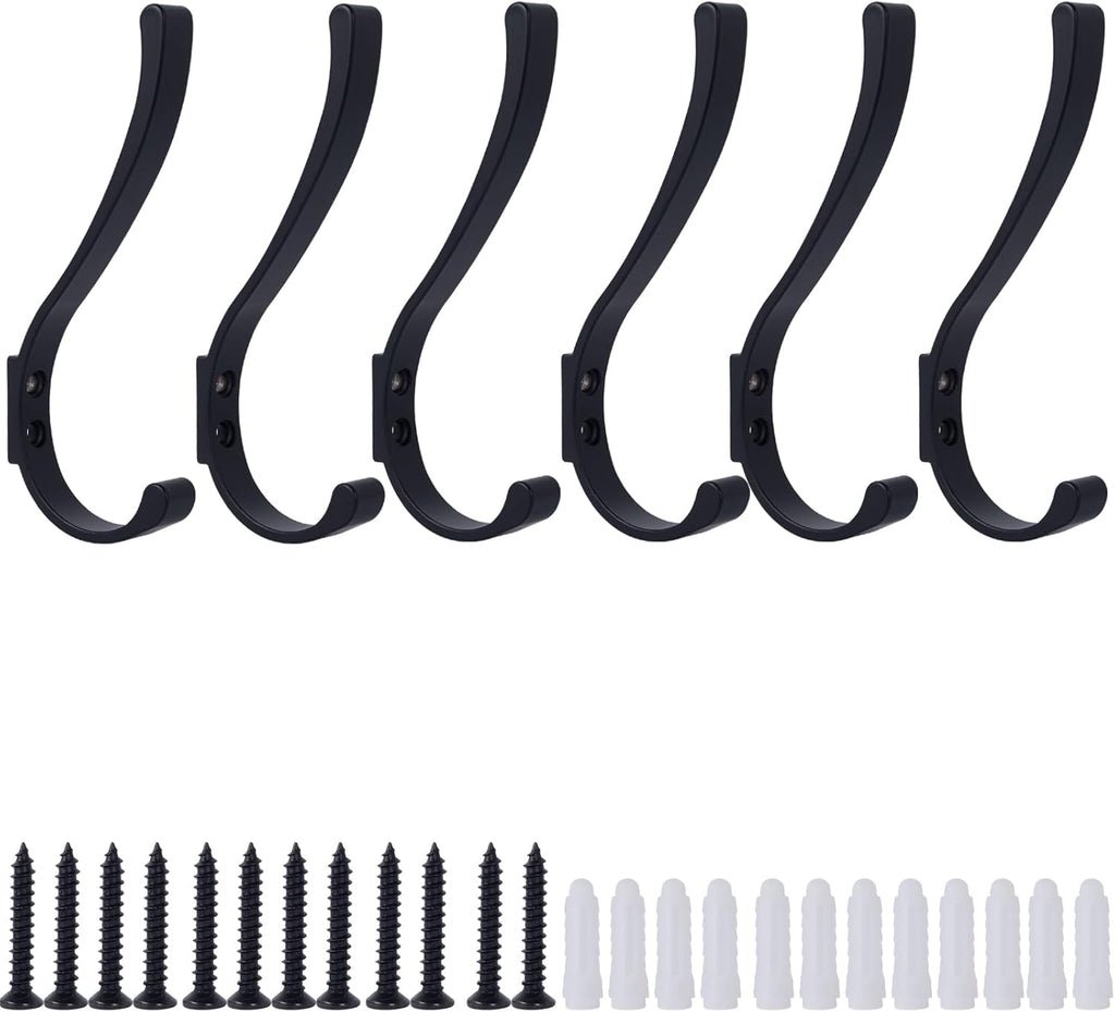 6 Pack Hanging Coat Hooks Wall Mount, Coat Hanger Wall Hangers, Metal Hooks for Hanging Heavy Duty, Screw in Hooks for Hanging Towels, Clothes, Backpack, Hat, Bag, Jacket, Key, Robe, Backpack Black