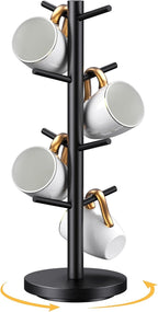 Coffee Mug Holder Tree, Upgraded 360° Rotated Coffee Cup Holder for Counter, Wood Coffee Mug Tree, Coffee Mug Rack with 8 Hooks, Coffee Mug Organizer Station, Mug Stand Coffee Bar Accessories, Black