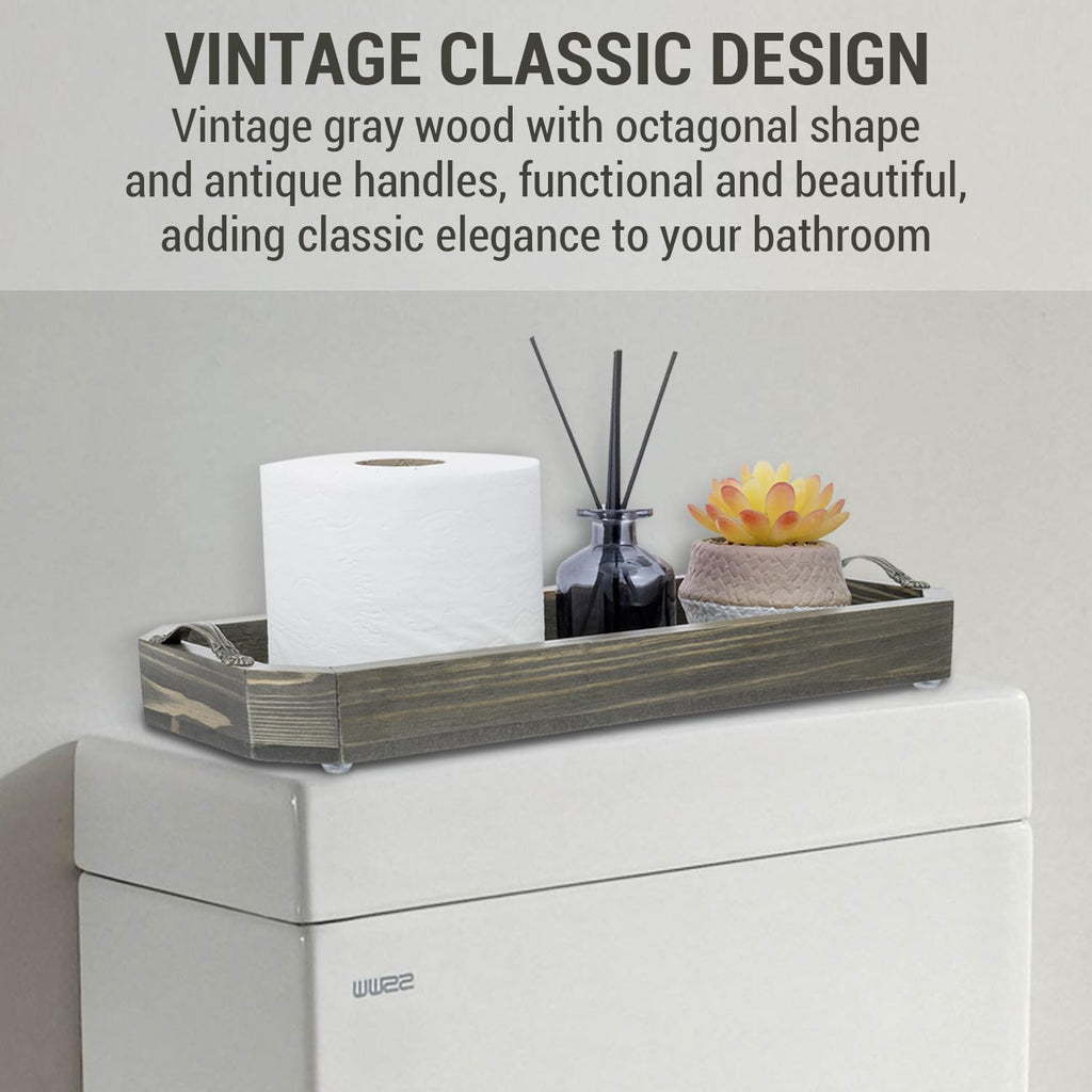 MyGift 2 Piece Narrow Wooden Vanity Tray, Vintage Gray Solid Wood Toilet Tank Tray, Decorative Octagonal Cosmetic Organizer with Antique Metal Handles