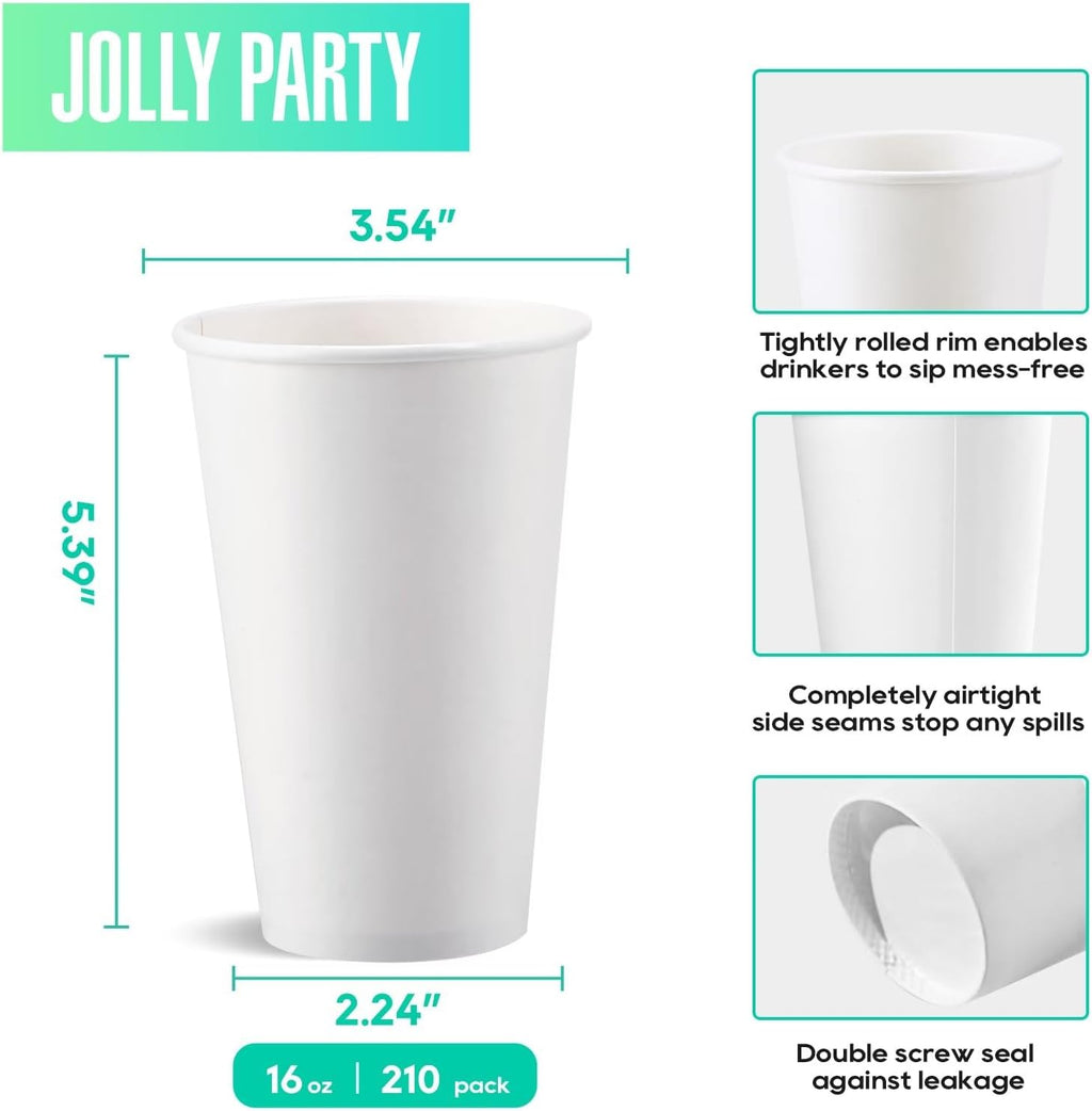 JOLLY PARTY 210 Pack 16 oz Disposable Paper Coffee Cup, Hot/Cold Beverage Drinking Cups for Water, White Paper Hot Coffee Cups