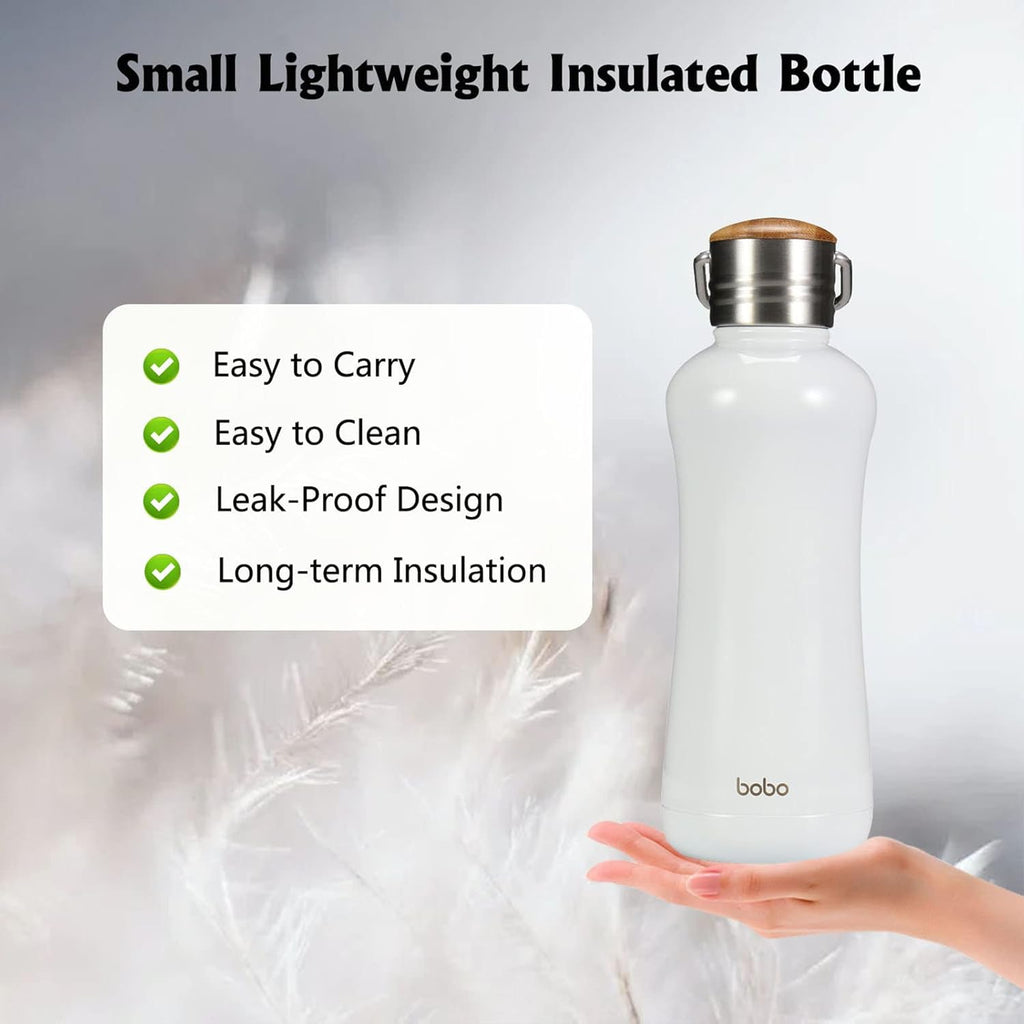 YOHKOH Mini Insulated Water Bottle With Bamboo Lid - 11.8oz Small Vacuum Insulated Water Bottle for Women Kids, 12 Hrs Hot & 24 Hrs Cold Stainless Steel Thermos Leak-Proof BPA-Free (11.8oz,White)