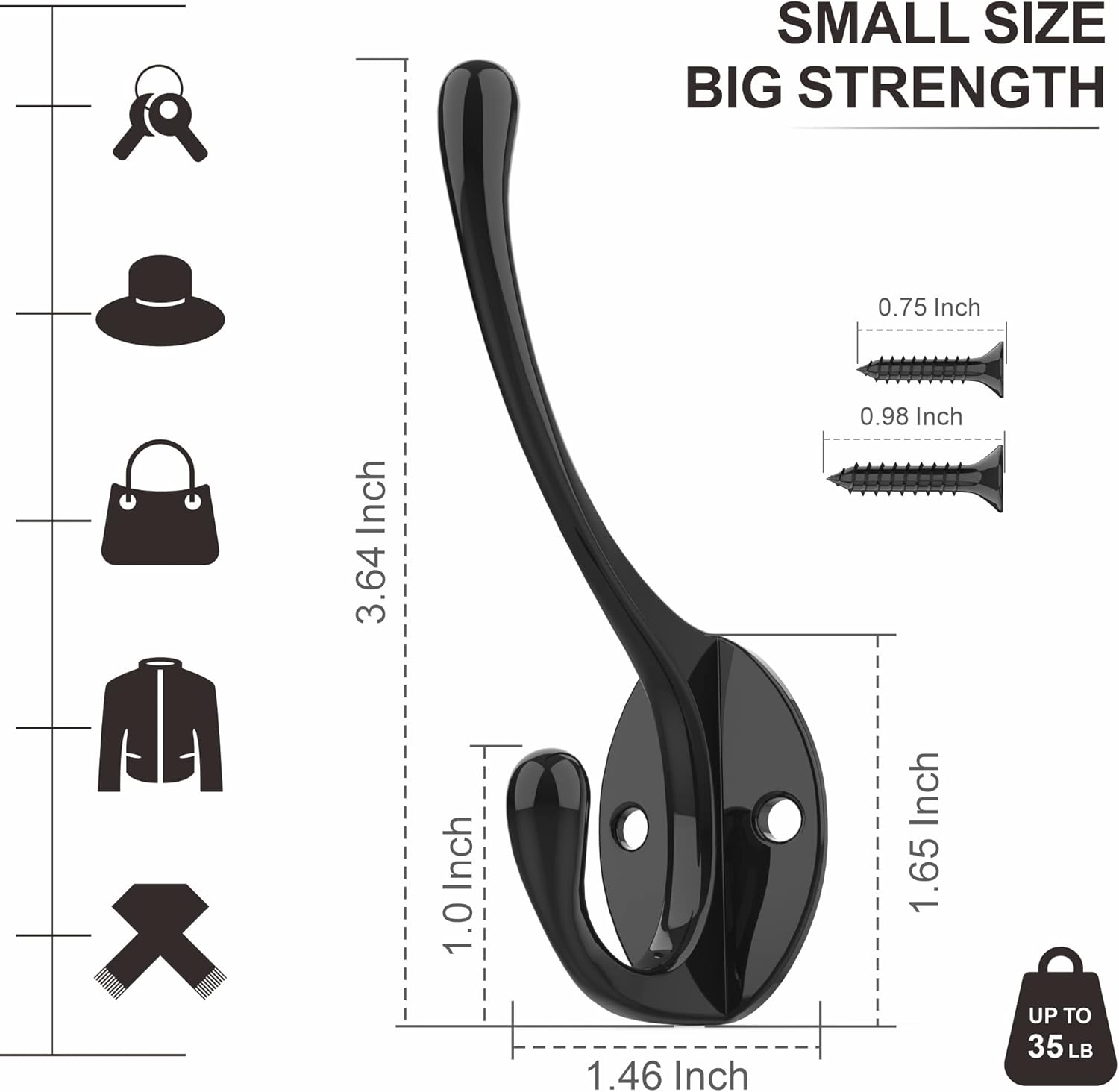 Coat Hooks | Wall Mount Coat Hangers | Black Metal Hooks for Wall with 20 Screws (10Pack)