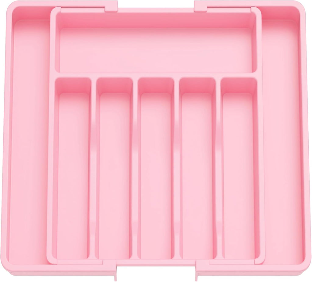 Lifewit Silverware Drawer Organizer, Expandable Utensil Tray for Kitchen, BPA Free Flatware and Cutlery Holder, Adjustable Plastic Storage for Spoons Forks Knives, Large, Pink