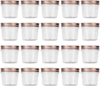 novelinks 4 oz Clear Plastic Jars with Rose Gold Lids – Small Round Refillable Storage Containers for Spices, Food, Crafts, and DIY Gifts – BPA-Free, Leakproof, 20 Pack