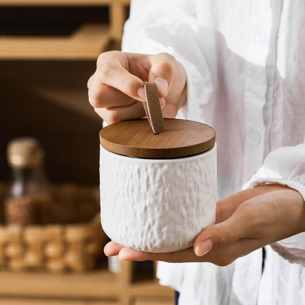 Black White Ceramic Coffee Canister Tea Canister with Seal Wood Lid, Airtight Coffee Storage Container for Coffee Bean, Ground Coffee, Sugar, Cookie Candy jar (White, 260ml)