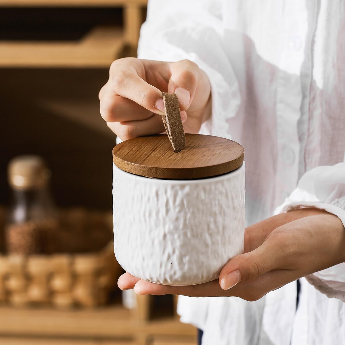 Black White Ceramic Coffee Canister Tea Canister with Seal Wood Lid, Airtight Coffee Storage Container for Coffee Bean, Ground Coffee, Sugar, Cookie Candy jar (White, 260ml)