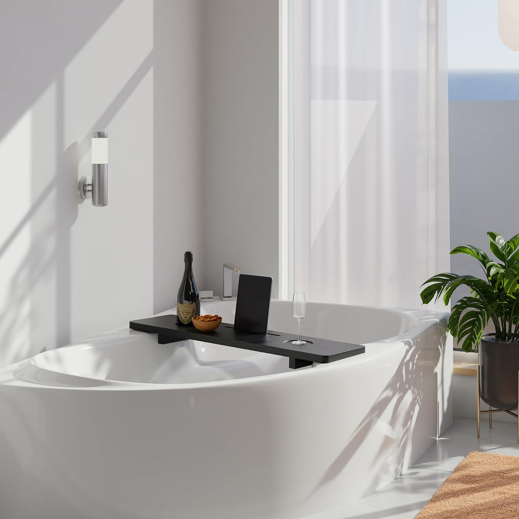 Tinamo Black Bathtub Caddy Tray Table | 35x9x2.5 Inch Large Bath Tub Tray Wooden | Anti-Tipping, Sustainable Tub Tray for Bathtub | Bathtub Accessories Holders for Bathtub (Acacia Wood)