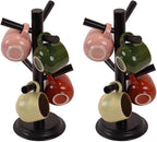 Pack 2 Mug Tree 6 Hooks Rubberwood 13.5"x7"x7", Strudy & Thick Base, Large & Small Cup Holder Tree Wooden for Jewelry, Kitchen Tools, Pantry, Ornaments, Countertop, Table Organizer (Black)