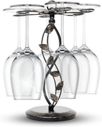 Wine Glass Rack – Elegant and Vintage-Inspired Wine Glass Holder for 6 Tall Glasses – Beautiful Leaf Design Wine Racks Countertop – Durable Metal Wine Glass Storage Rack – 9.5 x 9.5 x 13-inch