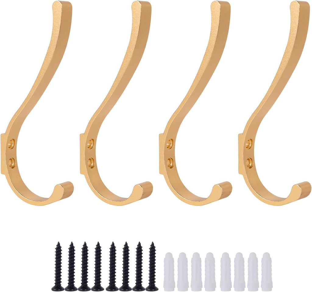4 Pack Hanging Coat Hooks Wall Mount, Coat Hanger Wall Hangers, Metal Hooks for Hanging Heavy Duty, Screw in Hooks for Hanging Towels, Clothes, Backpack, Hat, Bag, Jacket, Key, Robe, Backpack Gold