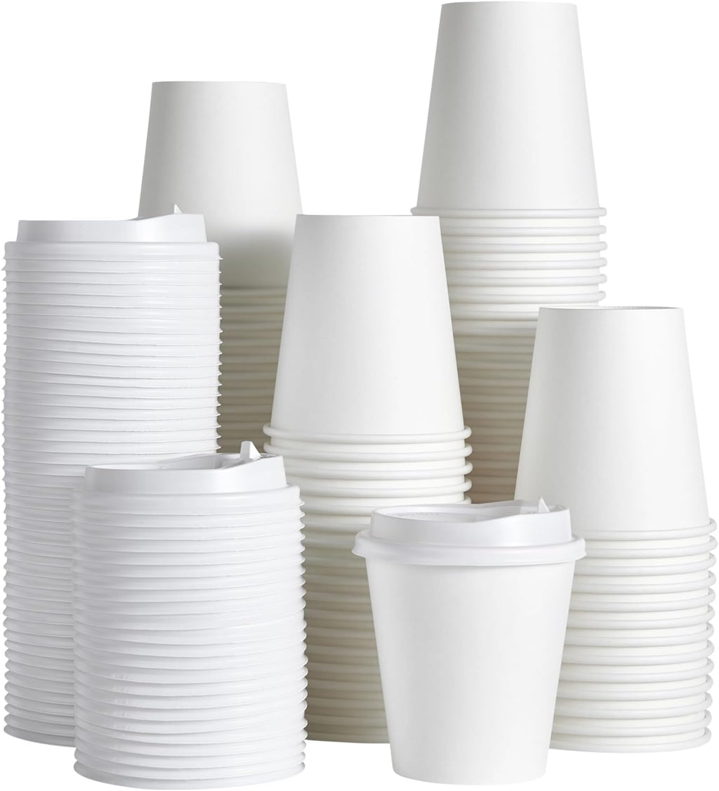 JOLLY PARTY [100 Pack] 10 oz Paper Coffee Cups, Disposable Paper Coffee Cup with Lids, Hot/Cold Beverage Drinking Cup for Water, Juice or Tea, Suitable for Home, Shops and Cafes