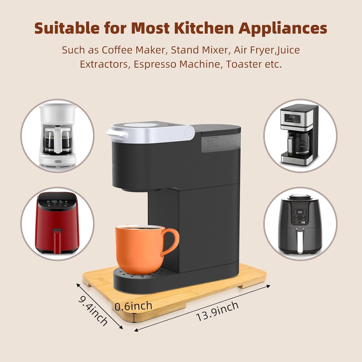 360° Rolling Tray Bamboo Appliance Slider, Appliance Sliders for Kitchen Appliances Sliding Tray for Coffee Maker Appliances Mat Easily from Under The Cabinet Natural(13.9"×9.4")